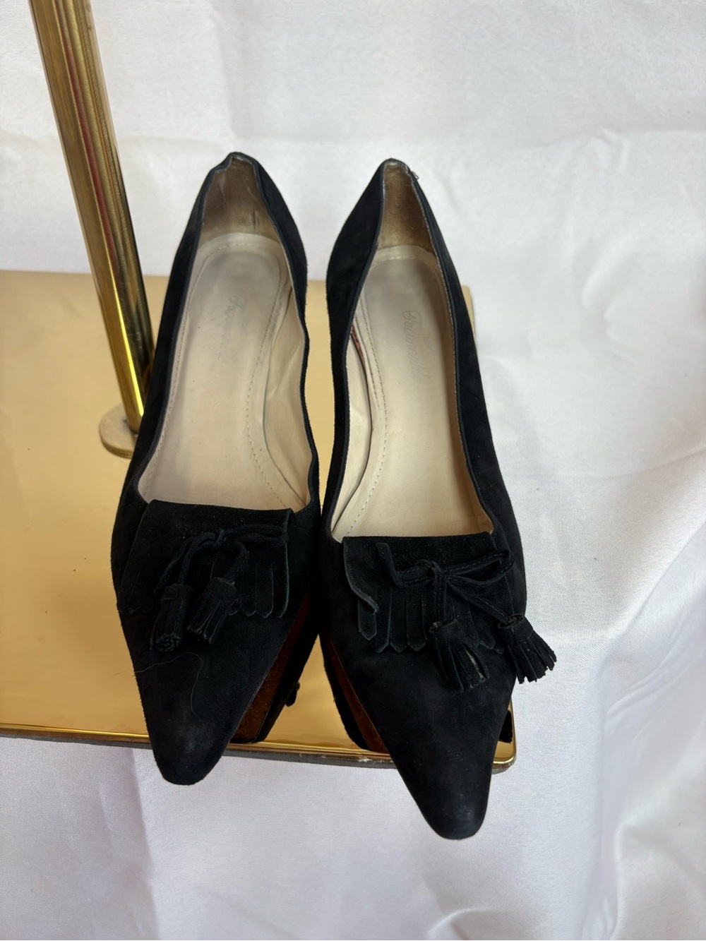 Black Suede Pointed-Toe Tassel Kitten Heel
